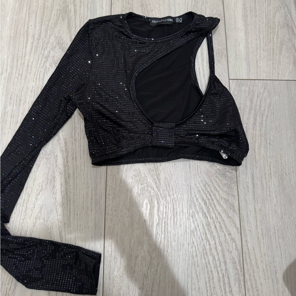 PrettyLittleThing Black Sequin Mesh Top